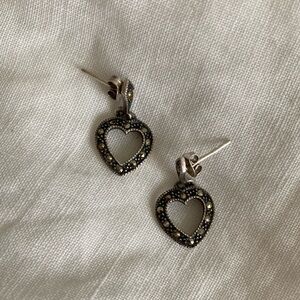 Vintage 1980s Sterling Silver and Marcasite Heart Drop Earrings